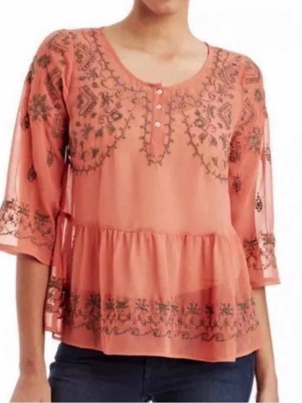 Free People "In The Clouds" Embroidered Peasant Blouse - Rust/Terracotta